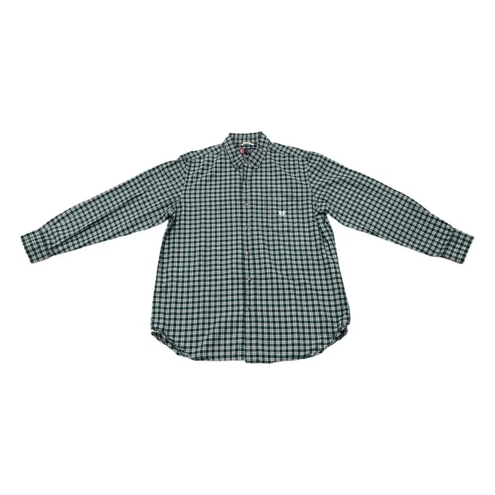 Vintage Chaps Green, White, and Black  Plaid Button Up Dress Shirt Size Large